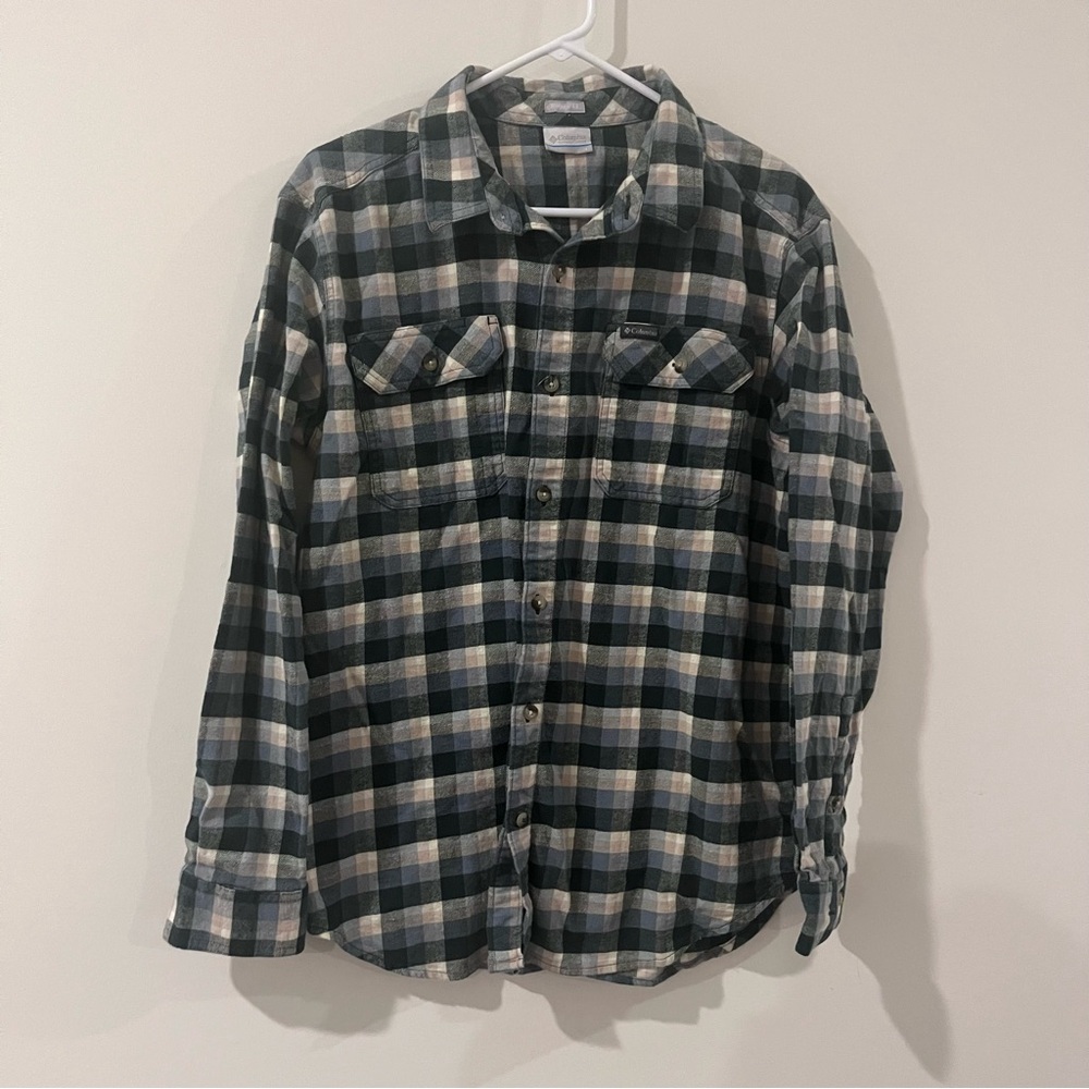 Columbia Green Blue Tan Plaid Flannel Men’s Button Up Large Omni-wick Shirt